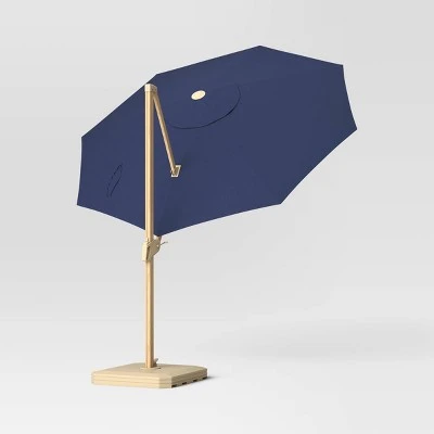 11'x11' Offset Solar Outdoor Market Umbrella Navy - Light Wood Pole - Threshold™ 2 11'x11' Offset Solar Outdoor Market Umbrella Navy - Light Wood Pole - Threshold™ - Image 2