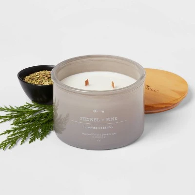 14oz Lidded Gray Glass Jar Crackling Wooden 3-Wick Candle With Clear Label Femmel + Pine - Threshold™ 2 14oz Lidded Gray Glass Jar Crackling Wooden 3-Wick Candle With Clear Label Femmel + Pine - Threshold™ - Image 2
