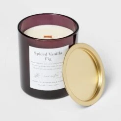 Clear Colored Glass With Woodwick And Brass Metal Inset Lid Spice Vanilla Fig Candle Purple - Threshold™ -Threshold Home Decoration GUEST 851e53a4 1b0e 449b 92ac ac1f0d30a37e