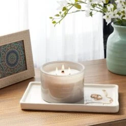 14oz Lidded Gray Glass Jar Crackling Wooden 3-Wick Candle With Clear Label Sandalwood + Smoke - Threshold™