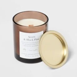 Clear Colored Glass With Woodwick And Brass Metal Inset Lid Acorn + Black Pine Candle Brown - Threshold™ -Threshold Home Decoration GUEST e82cdb94 c293 4984 b5b6 1ca170680739